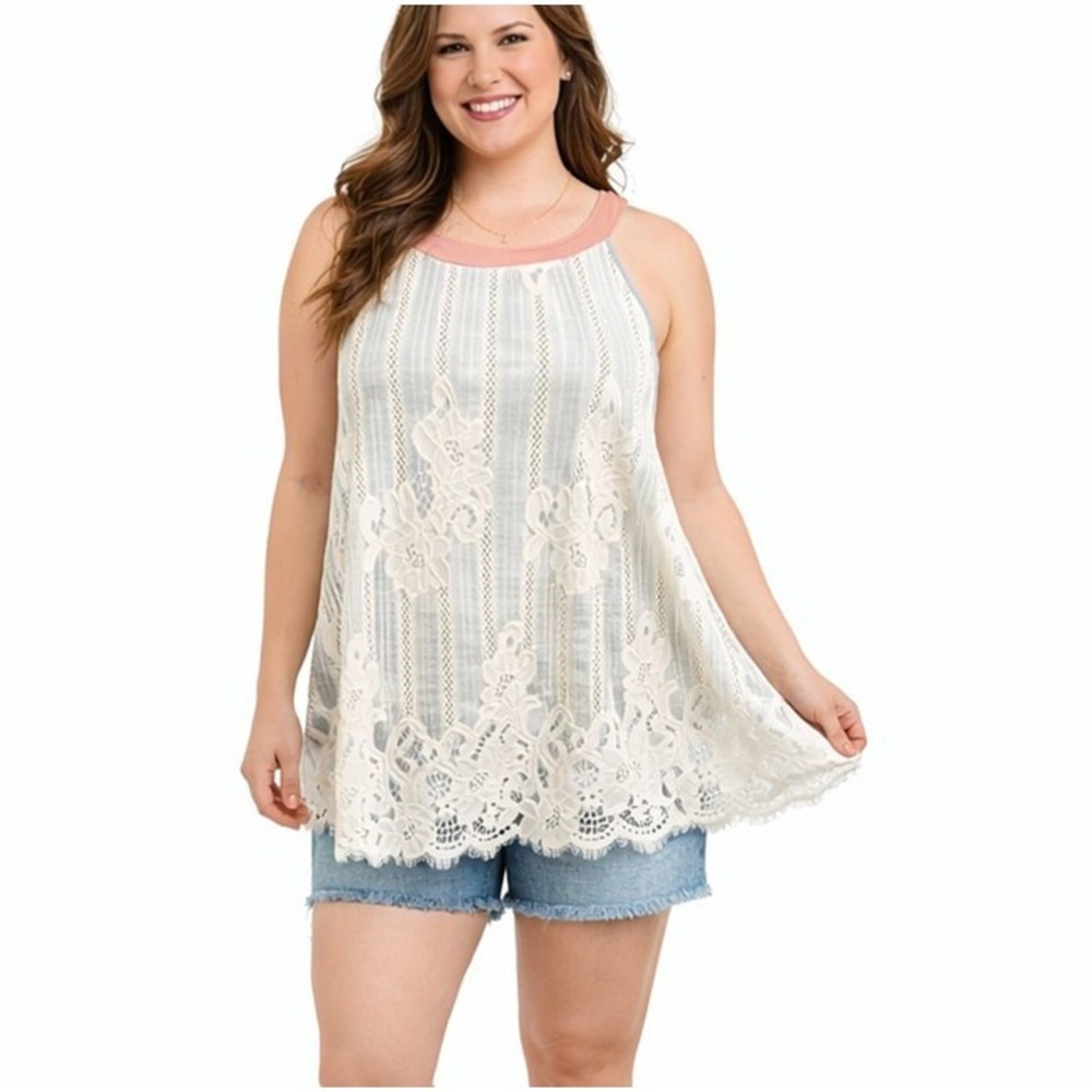 HINT of MINT Size Medium Delicate Lace Front Sleeveless Halter Boho Swing Tank